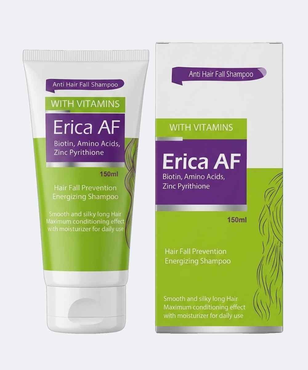 Erica AF shampoo ingredients with biotin amino acids and zinc pyrithione, Erica AF energizing shampoo for smooth and silky hair,