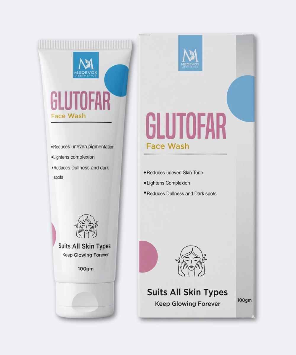 Medevox Glutofar Face Wash benefits for uneven skin tone and dark spots, Glutofar Face Wash 100gm front pack