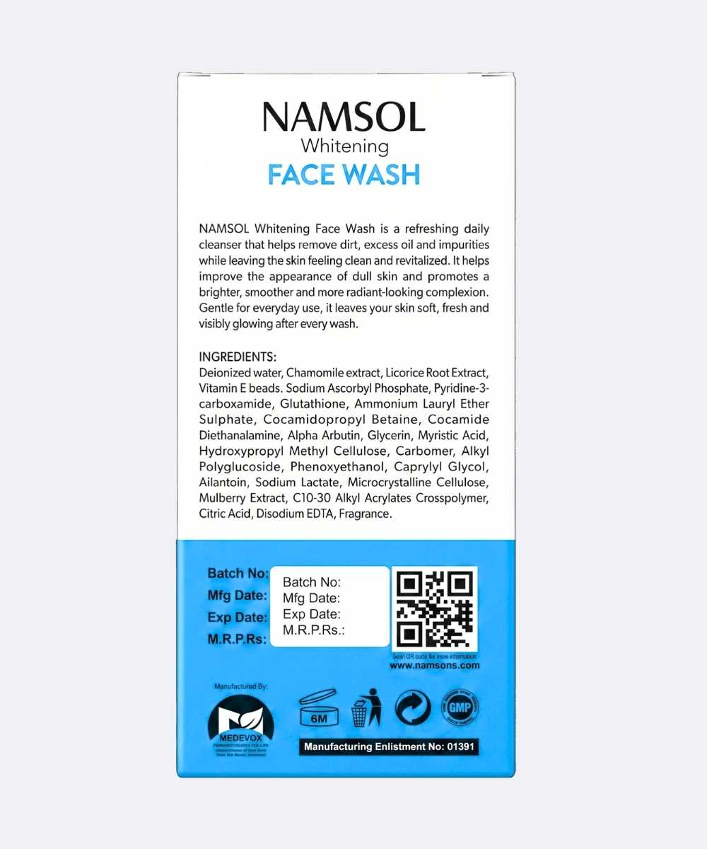 NAMSOL Whitening Face Wash for Deep Cleansing, Brightening & Dark Spots – 100ml 4 NaMsons NAMSOL Whitening Face Wash ingredients with glutathione licorice root extract and vitamin c